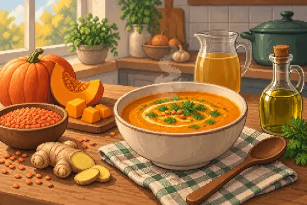 Appetizingly arranged pumpkin and lentil soup in a bowl, illuminated by soft daylight in a calm kitchen scene.