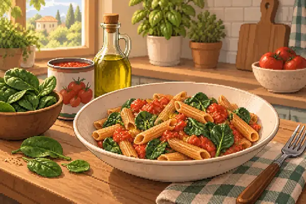 Appetizingly arranged whole grain pasta with tomatoes and spinach in a calm kitchen scene in soft daylight.