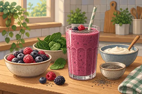 Ein appetitlich servierter Beeren-Joghurt-Smoothie in einer ruhigen Küchenszene im weichen Tageslicht, arrangiert mit Tiefkühlbeeren, Spinat, Joghurt und Chiasamen.
