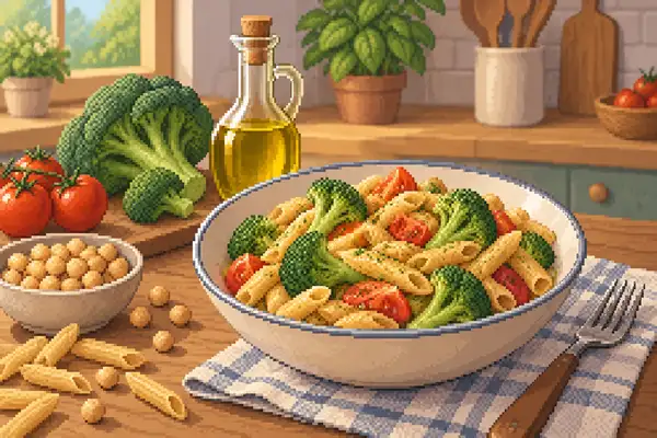 Chickpea pasta with broccoli and tomatoes, drizzled with olive oil and served in a calm kitchen scene with soft daylight.