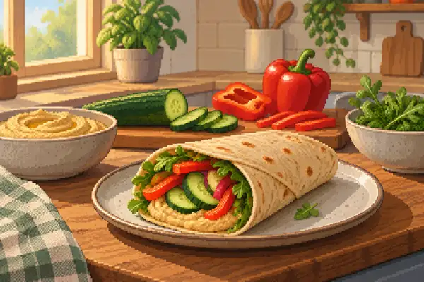 Appetizingly arranged hummus vegetable wrap filled with hummus, cucumber, and bell pepper, set in a calm kitchen scene in soft daylight.