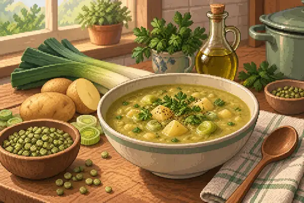 Appetitlich angerichtete Erbsen-Lauch-Suppe in einer ruhigen Küchenszene bei weichem Tageslicht.