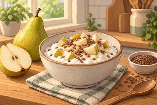 Appetitlich angerichteter Magerquark mit Birne und Leinsamen in einer ruhigen Küchenszene mit weichem Tageslicht.