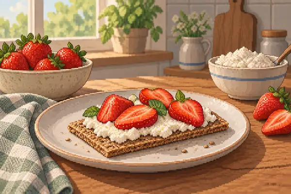 Appetitlich angerichtetes Knäckebrot mit Ricotta und frischen Erdbeeren in einer ruhigen Küche bei weichem Tageslicht.