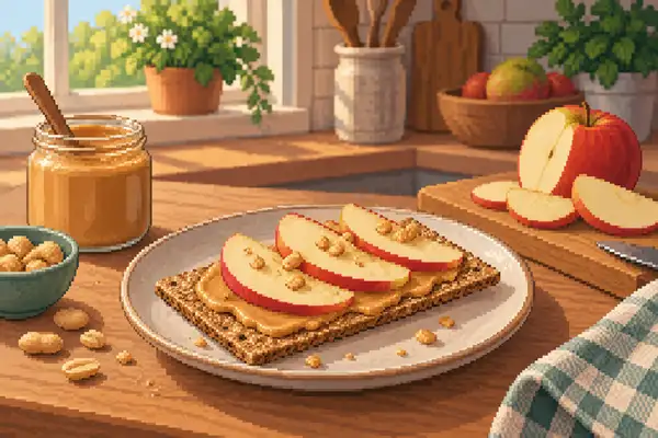 Appetitlich angerichtetes Knäckebrot, bestrichen mit Erdnussbutter und belegt mit Apfelscheiben, in einer ruhigen Küchenszene im weichen Tageslicht.