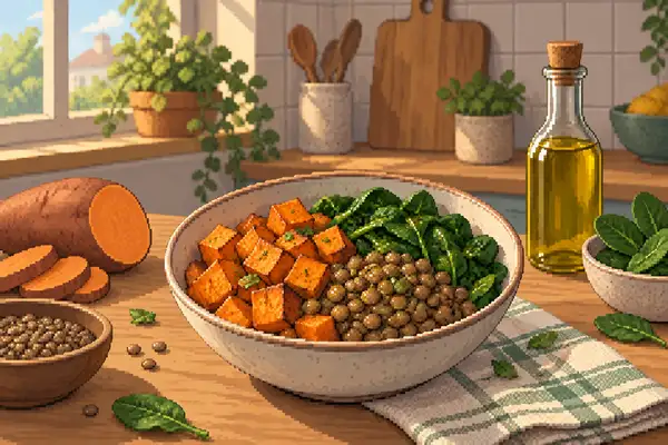 Appetitlich angerichtete Schale mit Linsen, Spinat und Süßkartoffel, verfeinert mit Olivenöl, in einer ruhigen Küche bei weichem Tageslicht.