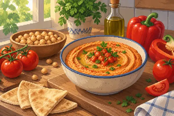 Appetitlich angerichteter Tomaten-Paprika-Hummus, garniert mit Tomate und Paprika in einer ruhigen Küchenszene mit weichem Tageslicht.