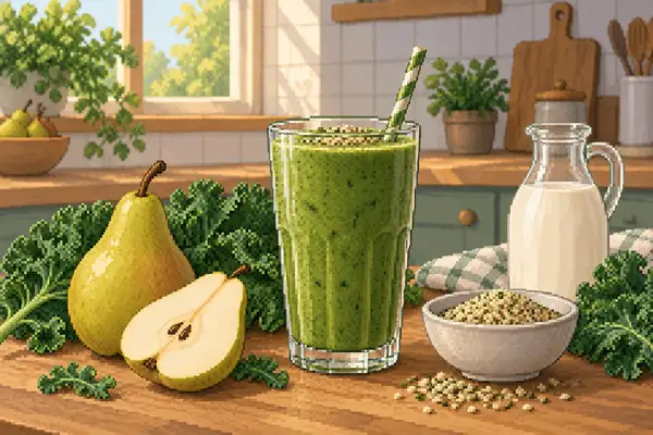 Ein Glas grüner Birnen-Grünkohl-Smoothie, serviert bei weichem Tageslicht in einer ruhigen Küche neben Birne, Grünkohl und Hanfsamen.