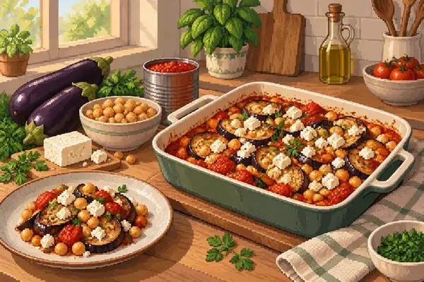Appetitlich angerichteter Auberginen-Kichererbsen-Auflauf mit Tomaten und Feta in einer ruhigen Küchenszene im weichen Tageslicht.
