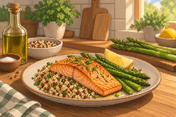 Appetizingly arranged salmon with quinoa and asparagus in a calm kitchen scene with soft daylight.
