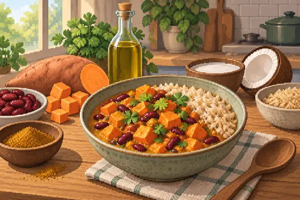 Appetitlich angerichtetes Süßkartoffel-Kidneybohnen-Curry, serviert mit Naturreis in weichem Tageslicht.