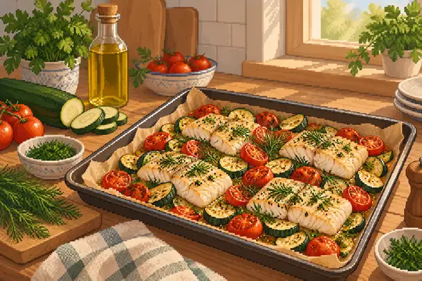 Cod, zucchini, and tomato sheet pan dish garnished with dill and parsley in a calm kitchen scene with soft daylight.