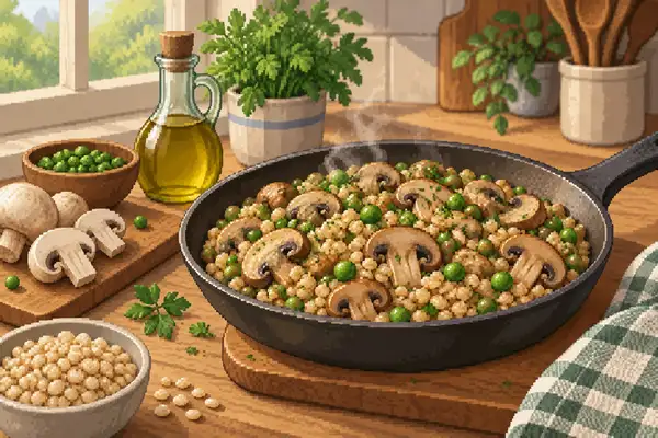 Appetizingly arranged barley mushroom skillet with mushrooms and peas in a calm kitchen scene in soft daylight.