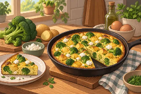 Appetizingly arranged broccoli and potato frittata with feta in a calm kitchen scene with soft daylight.