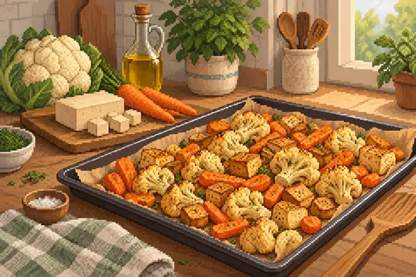 An appetizingly arranged baking sheet with baked tofu, cauliflower, and carrots in a calm kitchen scene under soft daylight.