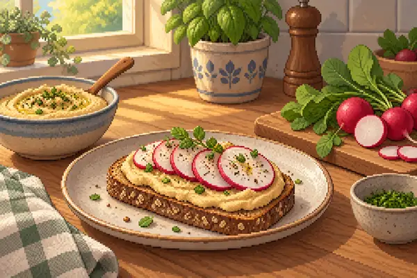 Appetizingly arranged whole-grain toast spread with hummus and topped with radishes, set in soft daylight in a kitchen.