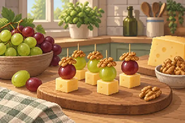 Appetizingly arranged snack of grapes, Gouda cheese, and walnuts in a quiet kitchen with soft daylight.