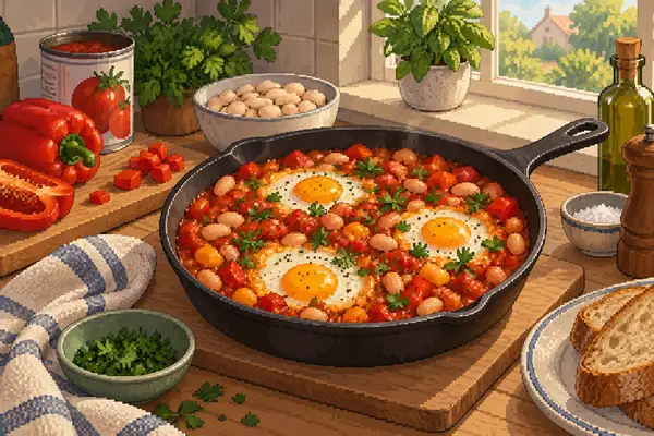 Appetizingly served shakshuka with egg, white beans, tomato sauce, and bell peppers in soft daylight.