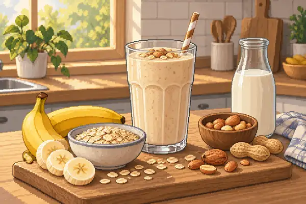 A freshly prepared banana-oat smoothie in a glass, arranged with banana, oats, and peanuts in a calm kitchen setting with soft daylight.