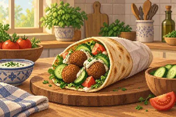 Appetizingly arranged falafel cucumber wrap with falafel, cucumber, and tomatoes in a quiet kitchen scene with soft daylight.