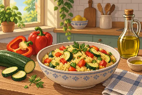 Appetitlich angerichteter Couscous mit Zucchini und Paprika, verfeinert mit Olivenöl, im weichen Tageslicht einer ruhigen Küchenszene.