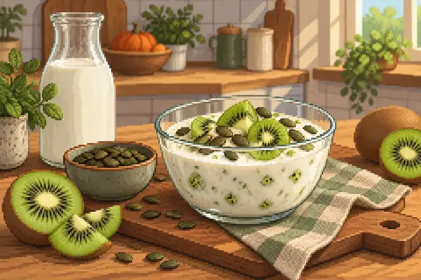 Appetizingly served kiwi pumpkin seed kefir with kiwi and pumpkin seeds in a calm kitchen scene in soft daylight.