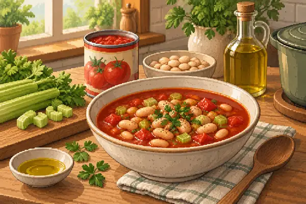 Appetitlich angerichtete Tomaten-Bohnen-Suppe mit weißen Bohnen und Sellerie in einer ruhigen Küchenszene im weichen Tageslicht.