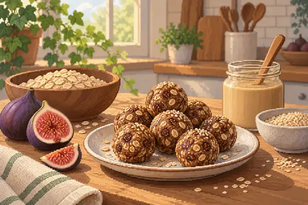Appetizingly arranged fig-sesame oat balls alongside ingredients including figs, sesame seeds, rolled oats, and tahini in a calm kitchen scene with soft daylight.