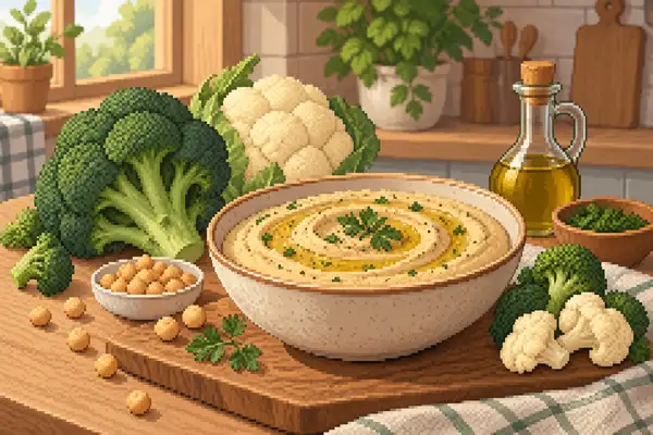 Appetizingly served broccoli cauliflower hummus with broccoli and cauliflower in a quiet kitchen scene in soft daylight.