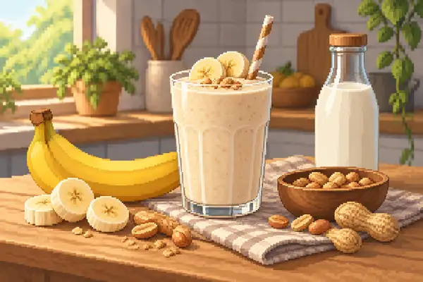 Appetizingly served banana-peanut kefir in a calm kitchen scene with soft daylight, accompanied by banana and peanuts.
