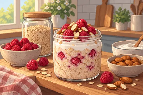 Appetizingly arranged raspberry almond overnight oats with oats, yogurt, raspberries, and almonds in a calm kitchen scene in soft daylight.