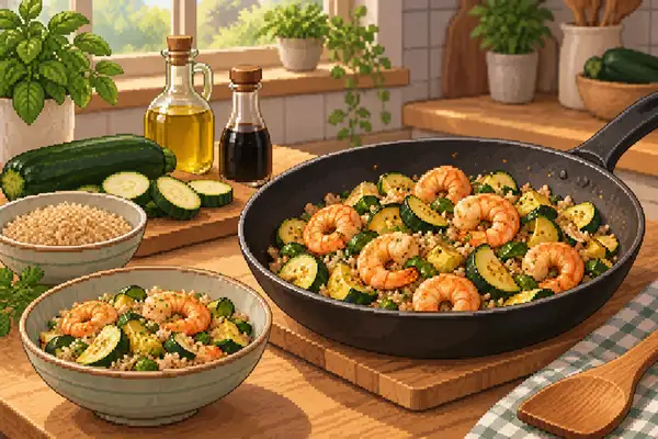 Appetitlich angerichtete Garnelen-Zucchini-Pfanne mit Naturreis in einer ruhigen Küchenszene mit weichem Tageslicht.