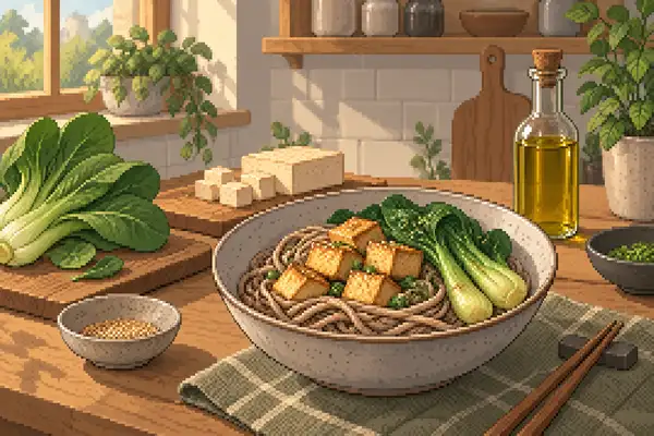 Appetizingly arranged soba noodles with tofu and pak choi in a quiet kitchen scene with soft daylight.