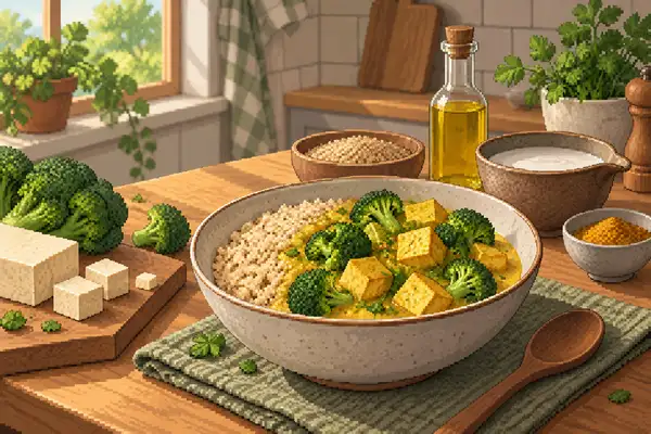 Appetitlich angerichtetes Tofu-Brokkoli-Curry mit Naturreis in einer ruhigen Küchenszene im weichen Tageslicht.