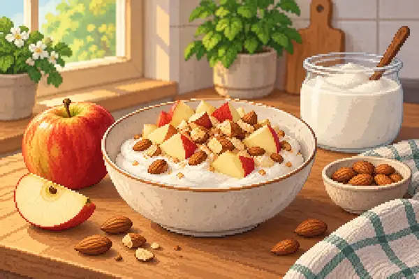 Appetitlich angerichteter Apfel-Mandel-Skyr mit Apfelstücken und Mandeln in einer ruhigen Küchenszene mit weichem Tageslicht.