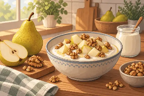 A bowl of yogurt topped with pear pieces and walnuts, arranged in a calm kitchen setting in soft daylight.