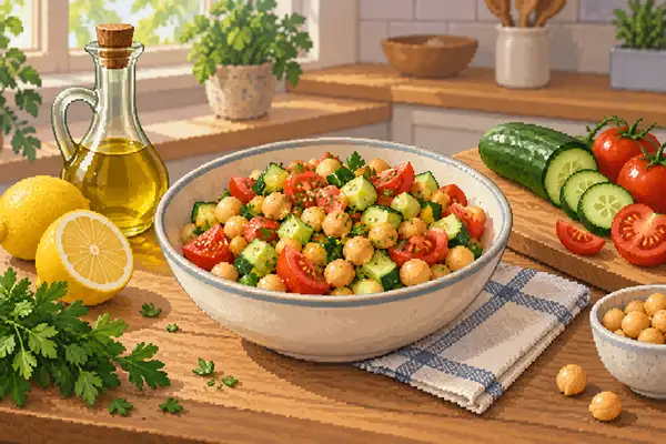 Ein appetitlich angerichteter Salat aus Kichererbsen, Gurken und Tomaten mit Zitrone und Olivenöl in einer ruhigen Küchenszene im weichen Tageslicht.