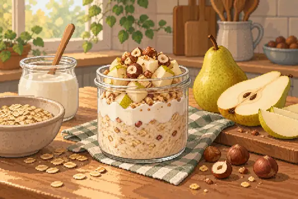 Appetitlich angerichtete Birnen-Haselnuss-Overnight-Oats mit Haferflocken, Joghurt, Birne und Haselnüssen in einer ruhigen Küchenszene im weichen Tageslicht.