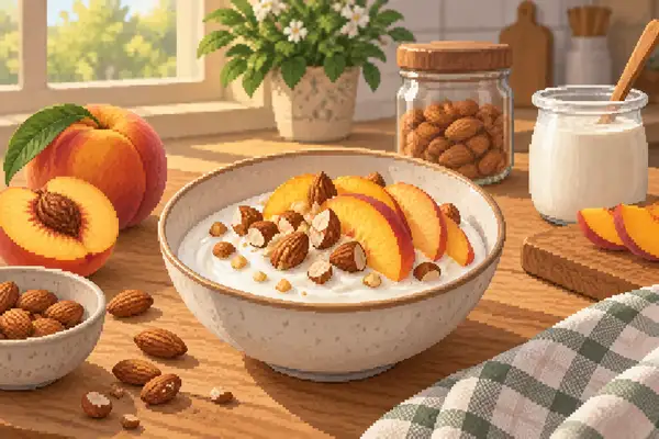 Appetitlich angerichteter Joghurt mit Pfirsichen und Mandeln in einer ruhigen Küchenszene bei weichem Tageslicht.