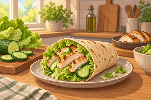 Ein appetitlich angerichteter Wrap, gefüllt mit Hähnchenbrust, Kopfsalat und Gurke, in einer ruhigen Küchenszene mit weichem Tageslicht.