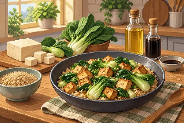 Appetitlich angerichtete Tofu-Pak-Choi-Pfanne serviert mit Naturreis in einer ruhigen Küchenszene mit weichem Tageslicht.