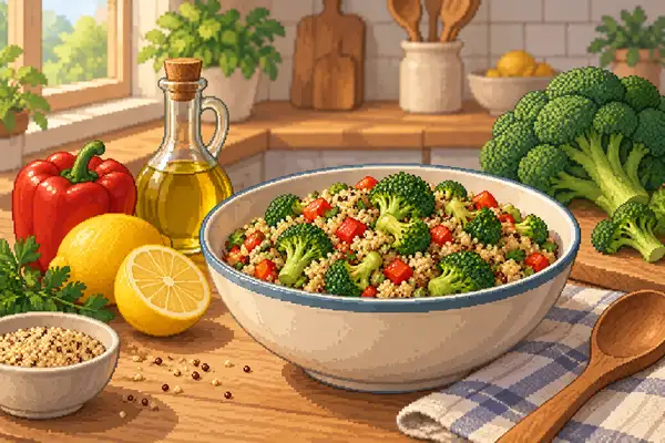 Appetitlich angerichteter Quinoa-Brokkoli-Salat mit Paprika, Zitrone und Olivenöl in einer ruhigen Küchenszene im weichen Tageslicht.