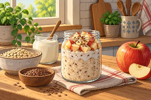 Appetizingly served apple flaxseed overnight oats with rolled oats, yogurt, apple, and flaxseeds in a quiet kitchen setting with soft daylight.