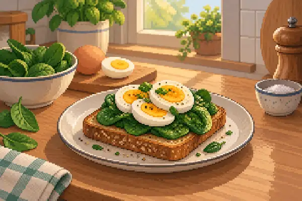 Appetizingly arranged whole-grain toast topped with spinach and boiled egg, set in a calm kitchen scene with soft daylight.
