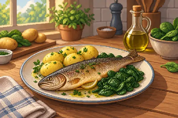Appetizingly arranged trout with potatoes and spinach, drizzled with olive oil, in a calm kitchen scene with soft daylight.