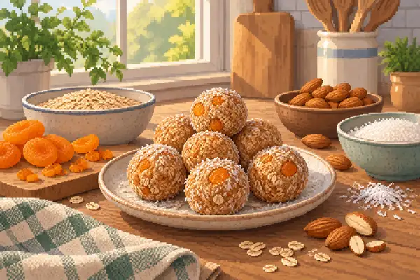 Appetizingly arranged apricot-almond oat balls with coconut flakes in a quiet kitchen scene in soft daylight, surrounded by oats, dried apricots, and almonds.