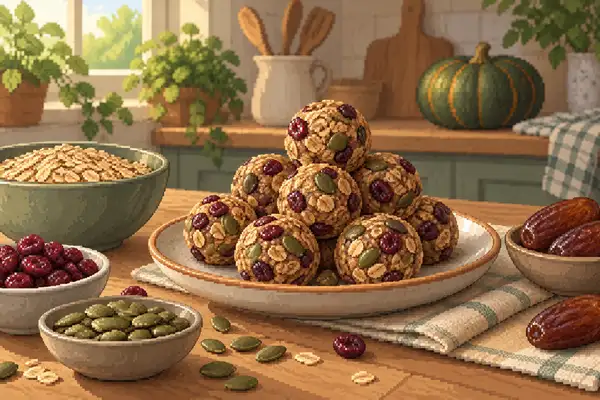 Appetitlich angerichtete Cranberry-Kürbiskern-Haferkugeln aus Haferflocken, Cranberrys, Kürbiskernen und Datteln in einer ruhigen Küchenszene bei weichem Tageslicht.