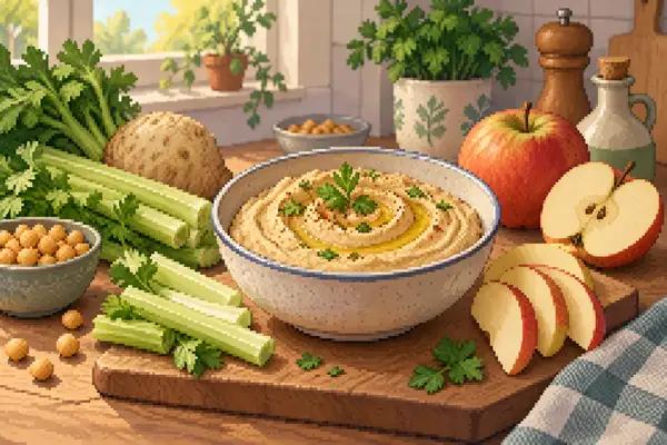 Appetizingly plated celery-apple hummus with celery and apple in a calm kitchen scene with soft daylight.