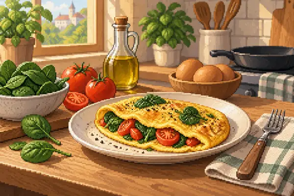 Appetizingly served spinach and tomato omelet in a calm kitchen scene with soft daylight.