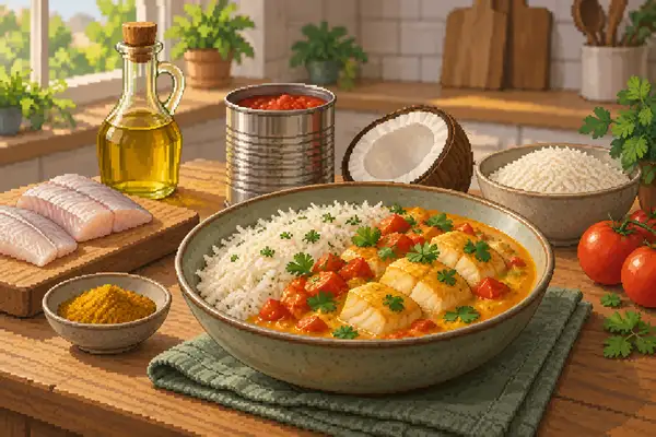 Appetizingly served fish-tomato-coconut curry with pollock and basmati rice in a calm kitchen scene in soft daylight.